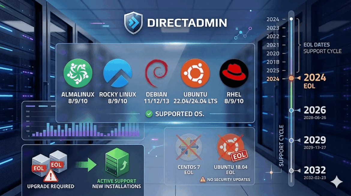 Bảng các hệ điều hành được DirectAdmin hỗ trợ và chính sách EOL 2026