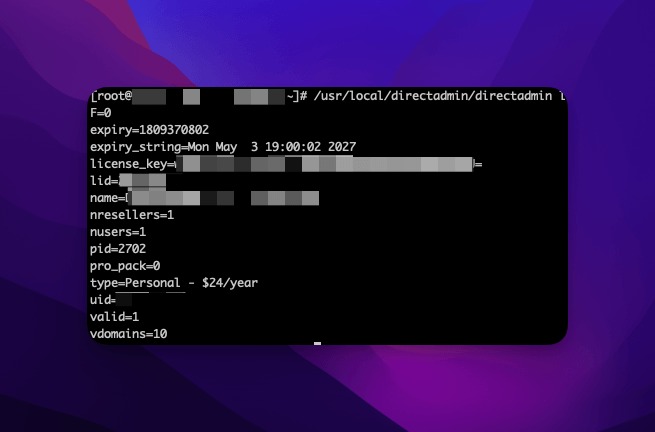 Kiểm tra license directadmin